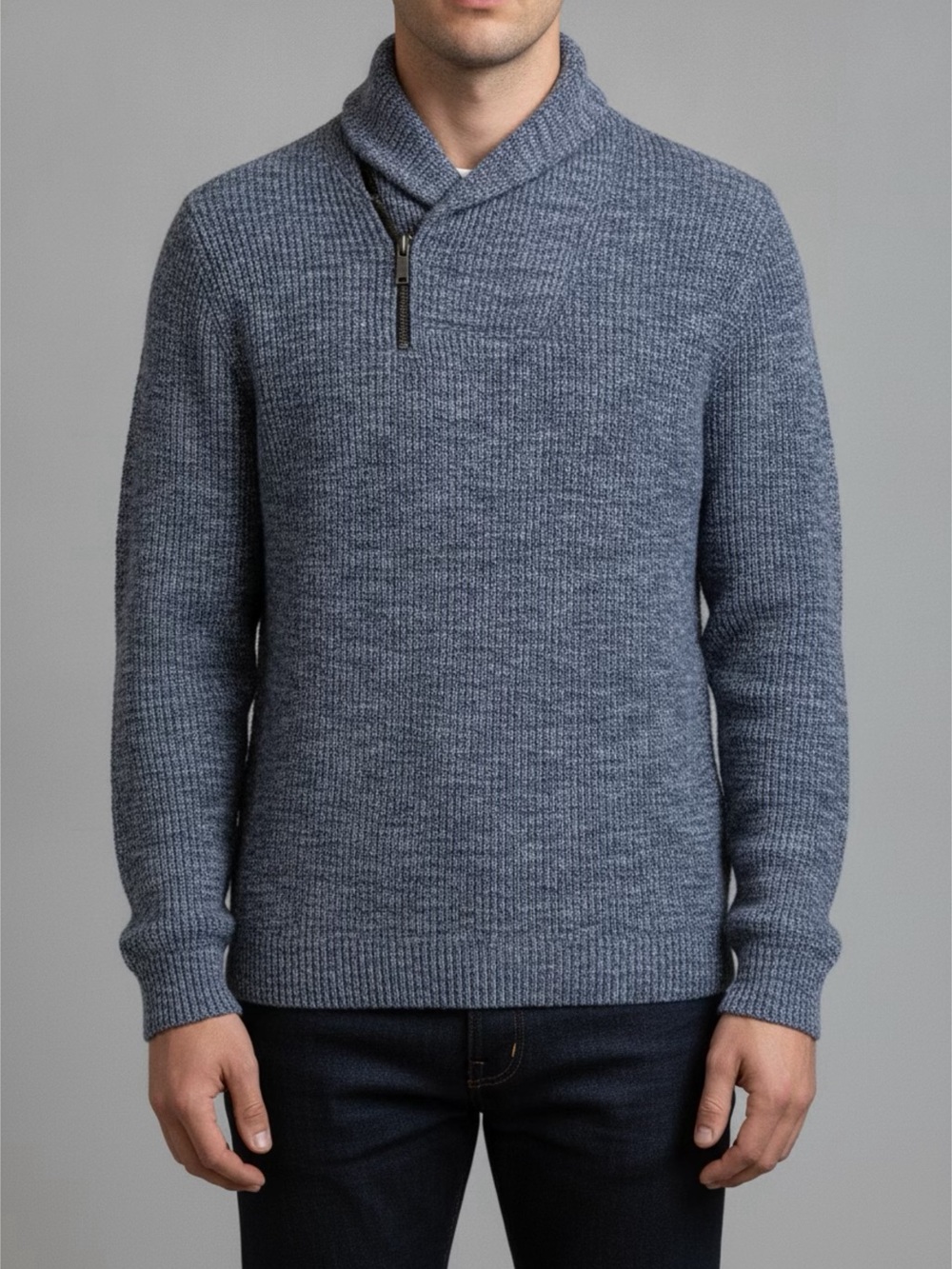 Men's Shawl Collar Zip Knit Sweater - Blue & White Sz M All Cotton
